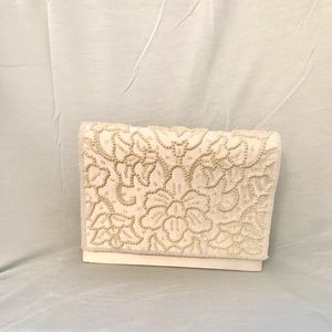 LaRegale, Beaded Evening bag, color is off-white, size 7”W x 5 1/2”H